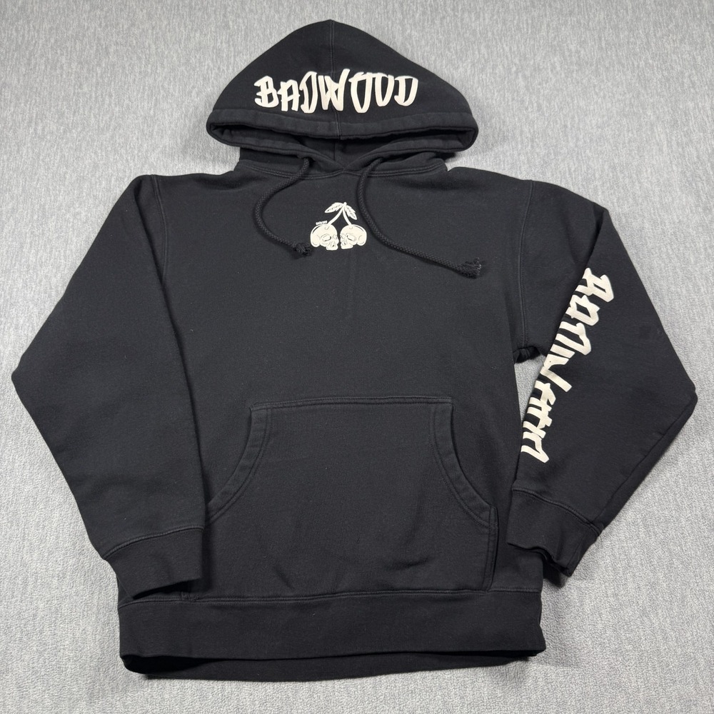 Badwood Hoodie Mens Small Black Cherry Skull Graphic Streetwear Pullover Sweatsh